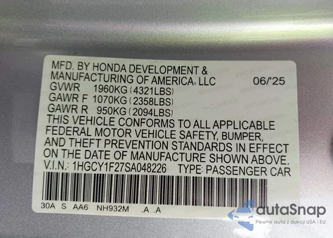 2025 Honda Accord Lx z USA, uszkodzony, nr VIN 1HGCY1F27SA048226